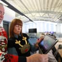 Cllr Roger Kennedy, Cathaoirleach of Tipperary County Council with Suzanne Brosnan, Cashel Library, with one of the ACORN tablets. [Photo: Debbie Hickey]
