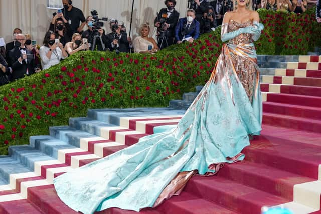 The dress code was all about ‘gilded glamour’, with Lively arriving in a rose gold gown with a beaded bodice, inspired by New York’s art deco architecture.