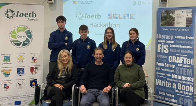 The Banagher College ‘Hackathon’ team: Front (l. to r.) Teachers Ms L. McDowall, Mr T. O’ Brien, Ms C. Dennehy. Back; Students Ethan Cusack, Seán Daly, Rachel Cleary, Katie Flanagan.