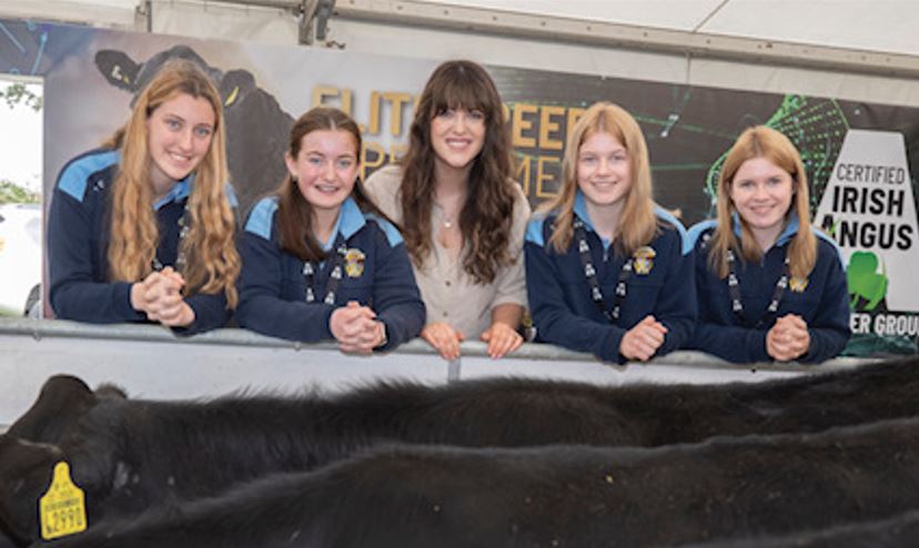Mary-Claire Fitzpatrick (centre) at the Ploughing with Kilbeggan students Mary Ellen Colton, Chloe McDermott, Sinead Bracken and Trasa Bracken