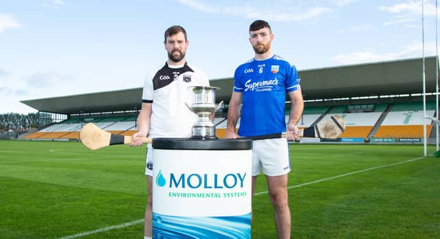 Pictured ahead of the Molloy Environmental Systems Offaly Senior B Hurling Championship final in O'Connor Park this Sunday were Clara captain, John Ledwith, and Tullamore captain, Ger Crowe.