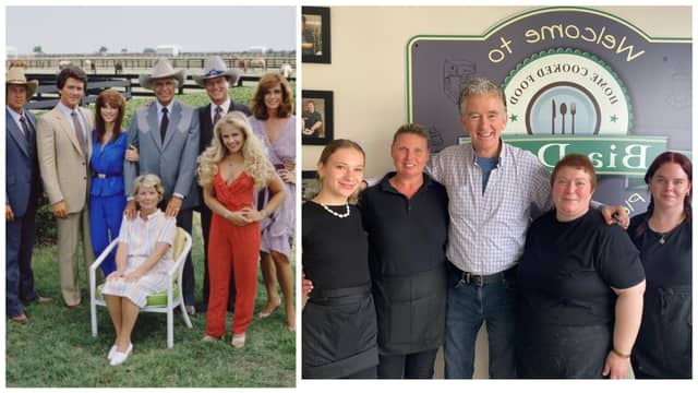 Left: Paddy Duffy with fellow Dallas cast members and right with the staff of Bia Deas Cafe, Egeworthstown