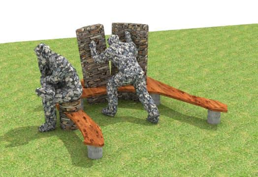 While the representations of the Finucanes and the stone wall will be the most visually striking parts of the memorial (designers' impression reproduced below), it will also feature a wooden bench, shaped to mirror the bend of the river Shannon.