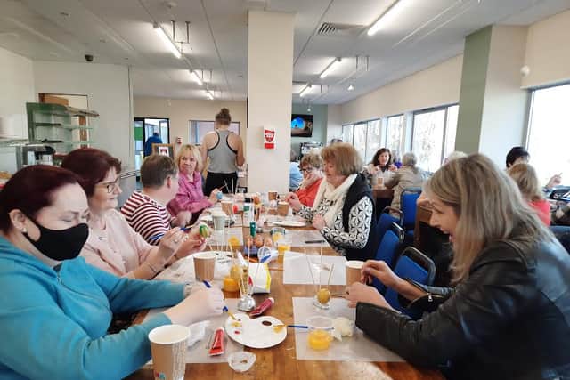 Below Egg painting for Easter at Offaly Women's Shed