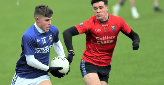 Diarmuid Finneran (right) and the Colaiste Choilm defence came up against a powerful Naas side.