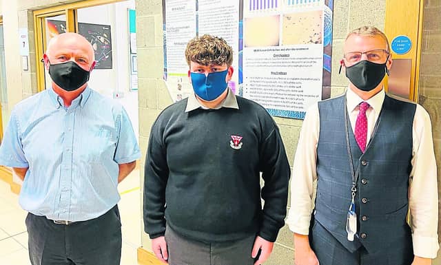 Colaiste Choilm student Sam Bracken with his Computer Studies teacher Jim Enright (left) and school principal Tadhg O’Sullivan