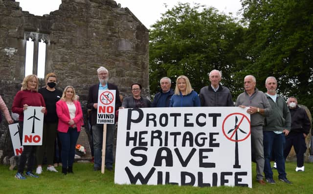 Locals gathered last week at the medieval church in Leamonaghan Bog to protest against a planned wind farm