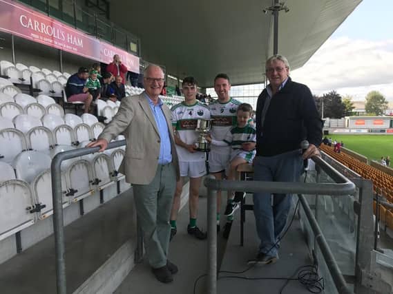 Kinnitty captains Willie Molloy and Christopher Leonard with the SHC "B" Cup, sponsor Donal Molloy and County Board vice chairman James Murphy.