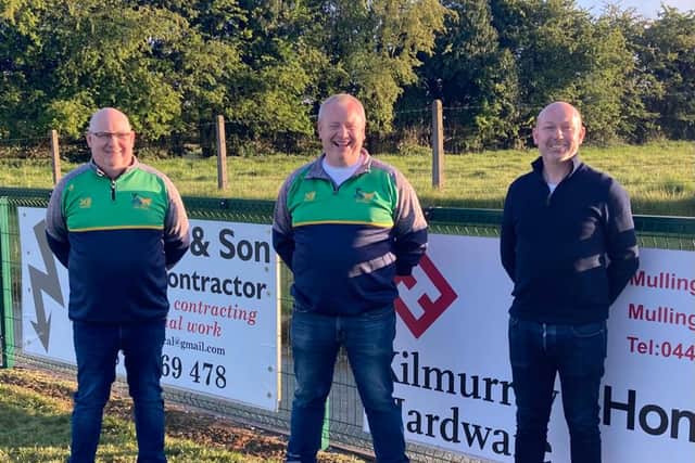 The club's new main sponsors will be Kilmurray Sand and Gravel. Dermot and Conor Kilmurray presented new sets of Jersey’s to the three adult men’s teams as the players returned to training this week. Picture above, Chairman John Kilmurray receives a jersey from Conor Kilmurray and senior player Dylan Kavanagh tries one on for size while receiving another jersey from Dermot Kilmurray.