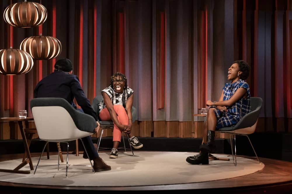 Presenter Tommy Tiernan having the craic with Longford's Felicia Olusanya (FeliSpeaks) and Tullamore's Tolü Makay