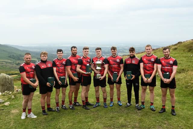 Winner Cillian Kiely of Offaly poses for a picture with the Corn Setana trophy following the 2019 M. Donnelly GAA All-Ireland Poc Fada Finals at Annaverna Mountain in the Cooley Peninsula, Ravensdale, Co Louth. Photo by David Fitzgerald/Sportsfile
