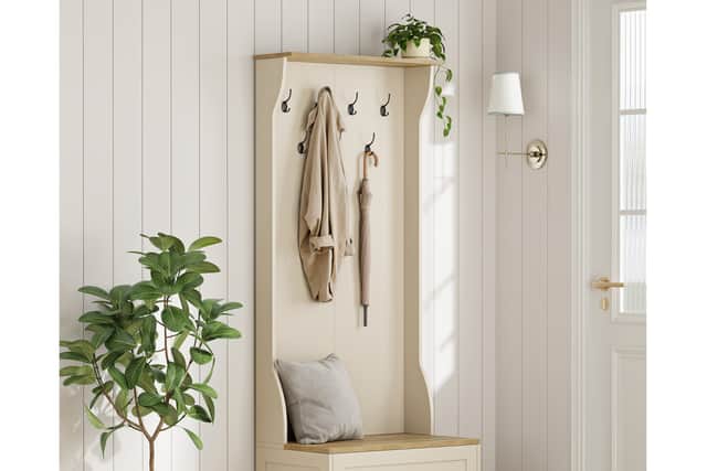 Think a bench or built-in cupboard to keep things clean and tidy.