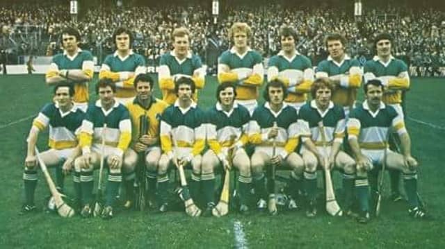 Pat is second from the left in the front row of this photograph of the 1980 Leinster Hurling Final