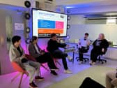 Music Industry and Event Management Students, Calum Foy, Sasha Baranok, Jack Concannon and Molly Kavanagh with their Teacher John McFadden preparing for the "What's a Hit in 2026" event.