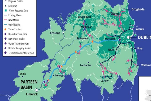 A map showing the Pipeline, in blue, from Parteen.