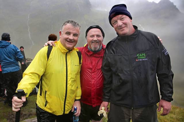 Ronan Scully with his brother Darragh Scully with Mick Galwey Kerry and Irish Rugby Legend climbing Carrauntoohil, MacGillycuddy's Reeks in 2015 for charity (photo by Valerie O'Sullivan)
