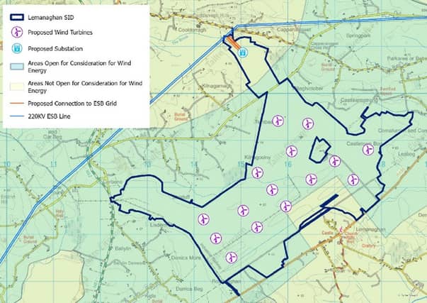 A map of the proposed Lemanaghan Wind Farm showing the 15 mega turbines and Substation