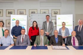 Officials from SSE, Offaly County Council and North Offaly Development Fund CLG pictured at the formal signing for the new operations base at Rhode Green Energy Park, supporting the Yellow River Wind Farm