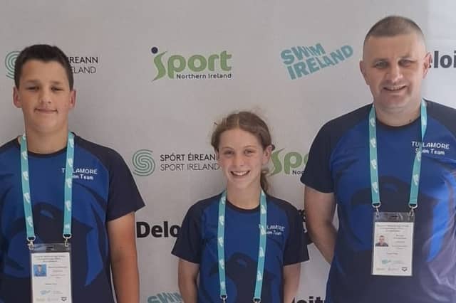 Mark Horodetskyy, Lily May Grennan with coach Roman Horodetskyy at the Irish National Age Championship Limerick.