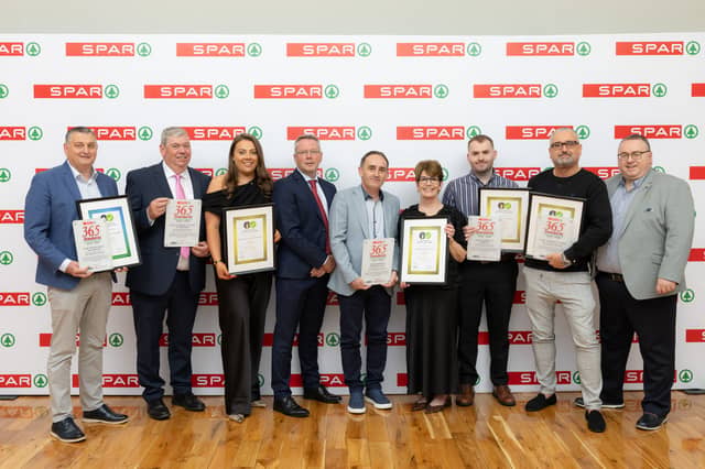 Pictured at the recent SPAR 365 Standards Customer Care Programme for achieving exceptional standards in retailing, held in Killashee Hotel, in Naas in Co Kildare, were Willie Forde, Forde’s SPAR Arden Road, Tullamore, Ben and Ciara Sweeney, Sweeney’s SPAR Edenderry, Tony McDonnell, SPAR ROA, Gavin Moran and Alice Bergin, McDonagh's SPAR Barrack Obama Plaza, Will Jennings, SPAR Corrib Oil Ferbane, Daniel Majewski, SPAR Corrib Oil Birr and Derek Tuohy, SPAR ROA.