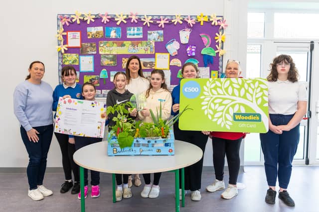 The students and staff from Clara’s Scoil Bhríde receiving their runners-up prize and a €500 Woodie's gift card