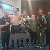 Pictured at the Battle of Birr were (l. to r.) Raphael Creamer, Jack Kirwan, Birr fighter, William Kelly, Carlow fighter, Billy O'Sullivan, WKO President, DD Maher, Head coach Carlow, Stuart Kearney, assistant coach Carlow.
