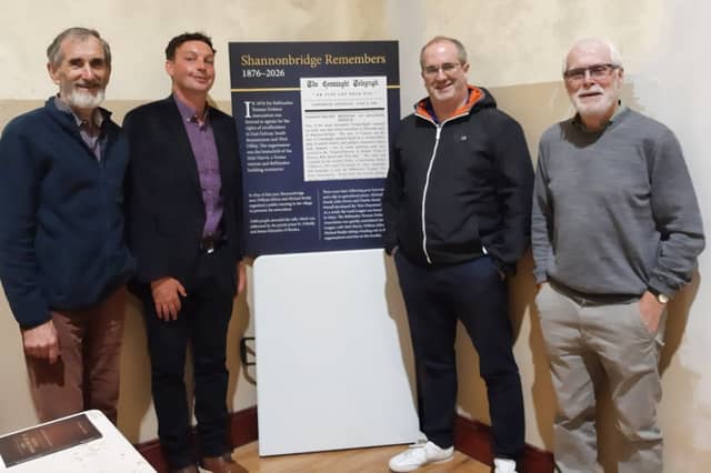 Pictured at the unveiling of the Shannonbridge Remembers information board were (l. to r.) Padraic Kilduff, Moore History Group, Aidan Doyle, Conor Johnson, Ballinasloe & District Heritage Society, Declan Ryan.