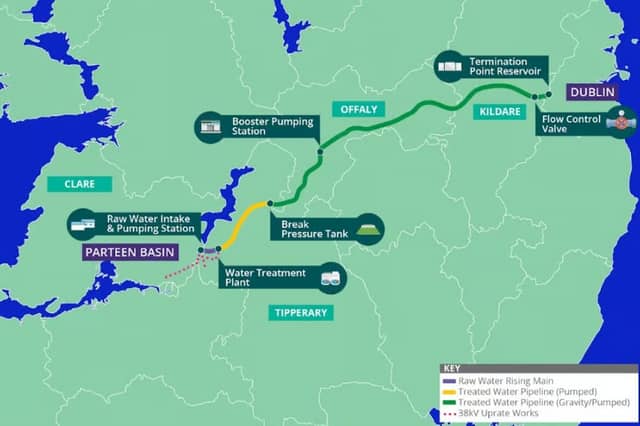The Water Supply Project Eastern and Midlands Region proposes to abstract water from Parteen Basin, upstream of Parteen Weir on the Lower River Shannon, utilising a maximum of 2% of the long term average flow at Parteen Basin. It is proposed that the water will be treated near Birdhill, County Tipperary and treated water will then be piped 170km through counties Tipperary, Offaly and Kildare to a termination point reservoir at Peamount in County Dublin, connecting into the Greater Dublin Area water distribution network.