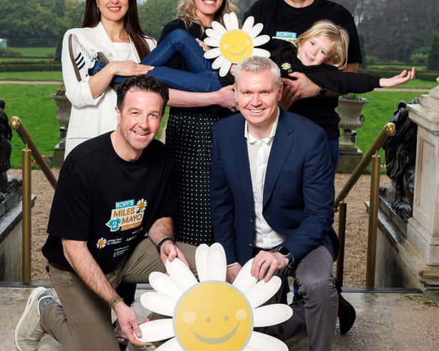 Launching the third Rory's Miles to Mayo fundraising challenge today at St Helen's, Dublin were Bernadette McGarvey, partnership and philanthropy manager at Cancer Fund for Children,  Julie Galbraith, chief business officer with headline sponsor Arachas Corporate Brokers, Senán Smyth, aged 6, from Girley, Fordstown, Co Meath, whose family has been supported by Cancer Fund for Children, Rory Best, former Ireland and Ulster Rugby captain, Tom Keogh, founder and managing director at Keogh's Farm and Martin Mohan, chief financial officer with headline sponsor Arachas Corporate Brokers.
 Pic: Marc O'Sullivan