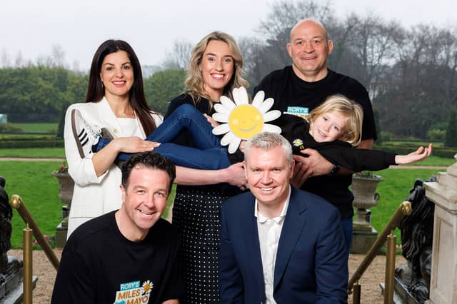 Launching the third Rory's Miles to Mayo fundraising challenge today at St Helen's, Dublin were Bernadette McGarvey, partnership and philanthropy manager at Cancer Fund for Children, Julie Galbraith, chief business officer with headline sponsor Arachas Corporate Brokers, Senán Smyth, aged 6, from Girley, Fordstown, Co Meath, whose family has been supported by Cancer Fund for Children, Rory Best, former Ireland and Ulster Rugby captain, Tom Keogh, founder and managing director at Keogh's Farm and Martin Mohan, chief financial officer with headline sponsor Arachas Corporate Brokers.
Pic: Marc O'Sullivan