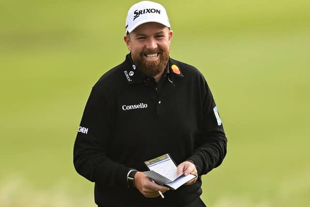 Leader Shane Lowry smiles on day two of the Amgen Irish Open Golf Championship 2026 in Doonbeg, Clare. Photo by Ramsey Cardy/Sportsfile