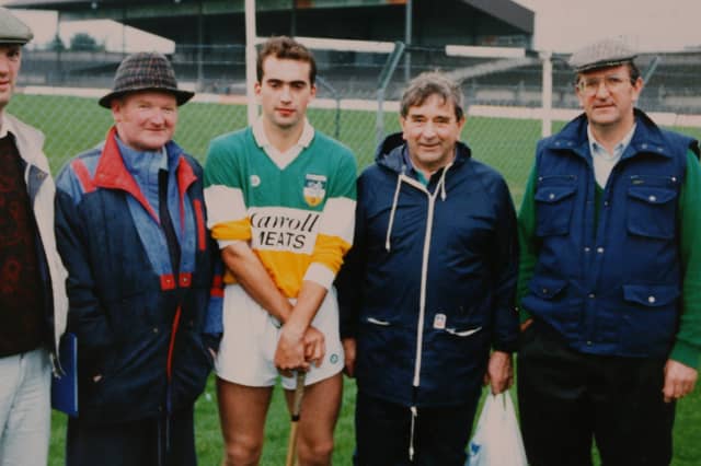 Long serving Offaly GAA workers, Pat Teehan (left), Andy Gallagher (fourth from left) and Tony Murphy (right) were pictured with a loyal supporter, John Dunne and Johnny Dooley in the build up to the 1994 All-Ireland hurling final.