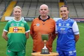 Senior B Captains Sarah Guinan, Kilcormac Killoughey and Ayesha Brazil, Tullamore with referee Kieran Dooley 