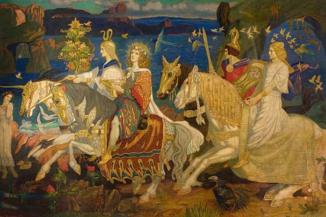 The Tuatha Dé Danann as depicted in John Duncan’s Riders of the Sidhe (1911). The second figure from the left is holding the Grail Cup.