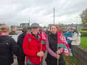 SIPTU's Michael Killeavy and Liz O'Connor with protestors outside Tullamore Hospital on Wednesday afternoon