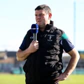 Kilcormac/Killoughey manager Declan Laffan is interviewed before the Offaly County Senior Club Hurling Championship final match between Kilcormac/Killoughey and Ballinamere at Glenisk O'Connor Park in Tullamore.