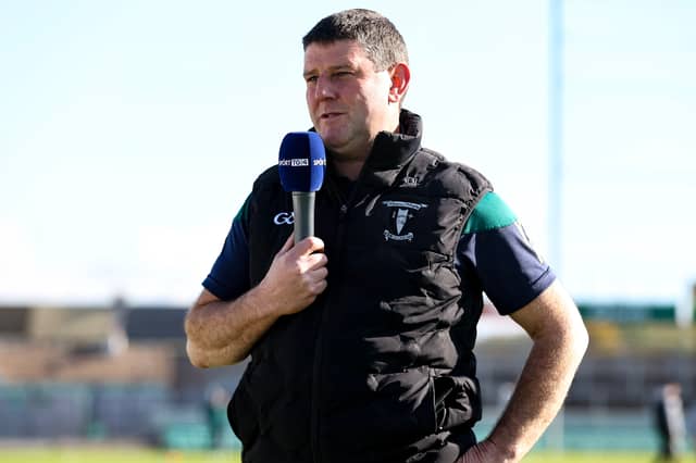 Kilcormac/Killoughey manager Declan Laffan is interviewed before the Offaly County Senior Club Hurling Championship final match between Kilcormac/Killoughey and Ballinamere at Glenisk O'Connor Park in Tullamore.