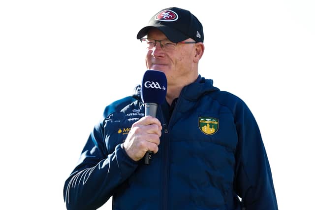 Ballinamere manager Seán Treacy is interviewed before the Offaly County Senior Club Hurling Championship final match between Kilcormac - Killoughey and Ballinamere at Glenisk O'Connor Park in Tullamore.