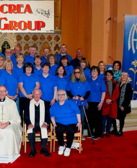 Pictured above are Roscrea Folk Group celebrating their Golden Jubilee in St Cronan’s Church with Bishop Fintan Monahan, Fr Tom Corbett and past members of the group