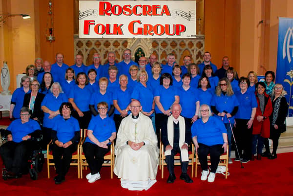 Pictured above are Roscrea Folk Group celebrating their Golden Jubilee in St Cronan’s Church with Bishop Fintan Monahan, Fr Tom Corbett and past members of the group