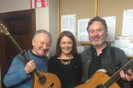 Donal Lunny, on left, with Attracta Brady, Comhaltas national president and Birr's Mundy in Tullamore in 2016