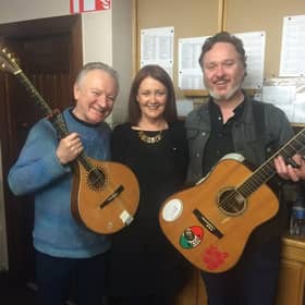 Donal Lunny, on left, with Attracta Brady, Comhaltas national president and Birr's Mundy in Tullamore in 2016