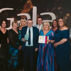 Brenda Kinahan from Mulrooney’s Gala, Birr with the wider Mulrooney’s Group as Sean Mulrooney won the Special Merit Award. Pictured (l. to r.): Gwen Culbert, Aoife Finn (Gala Retail), Rita Mulrooney, Brenda Kinahan, Sean Mulrooney, Shane Mulrooney, Carmel Murphy, Paula Mulrooney, Ciara Collins (Gala Retail) and Shane Carroll.
