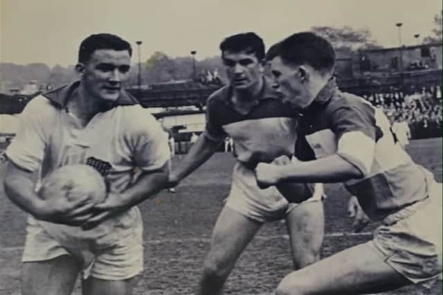 A great action picture of Peter Nolan playing for New York and facing Offaly’s Har Donnelly and Tom Furlong