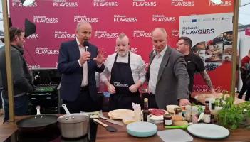 Taoiseach Micheal Martin at Midlands Flavours in the Ploughing with chef Gary O'Hanlon and FF presidential candidate Jim Gavin