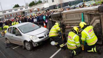 Fire and rescue teams demonstrate the response as a car crash is re-enacted at Tullamore College (Picture: Niall O'Mara)