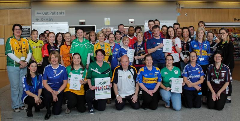 Staff at Midlands Regional Hospital Tullamore play their part on Goal Jersey Day