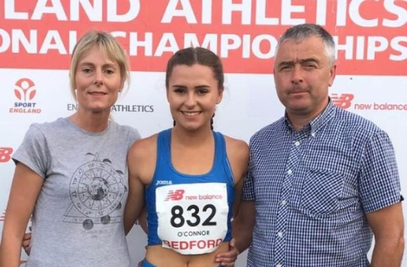 Ava O'Connor with her parents Sinead and Liam at the England Athletics Championships last weekend.