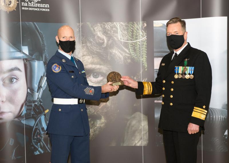 Flt Sgt Brian O&rsquo;Keeffe with Defence Forces COS Vice Admiral Mark Mellett DSM.