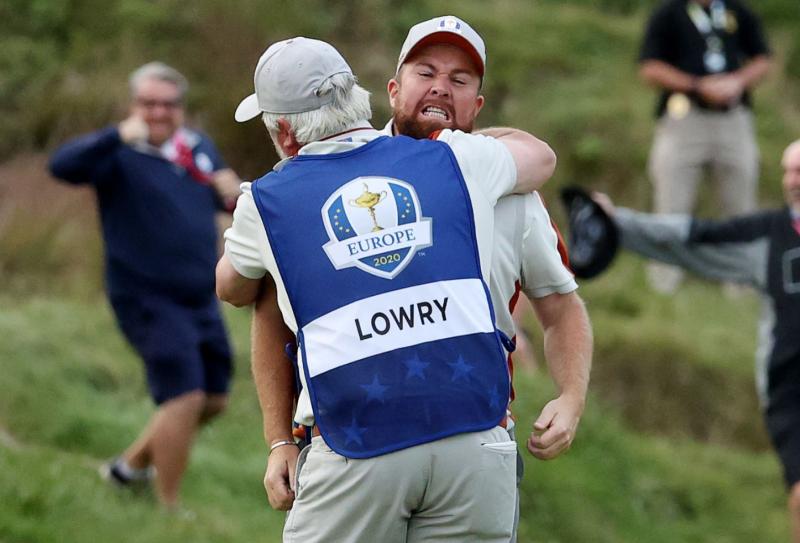 Shane Lowry, left, and Tyrrell Hatton of Team Europe during their Saturday afternoon fourballs